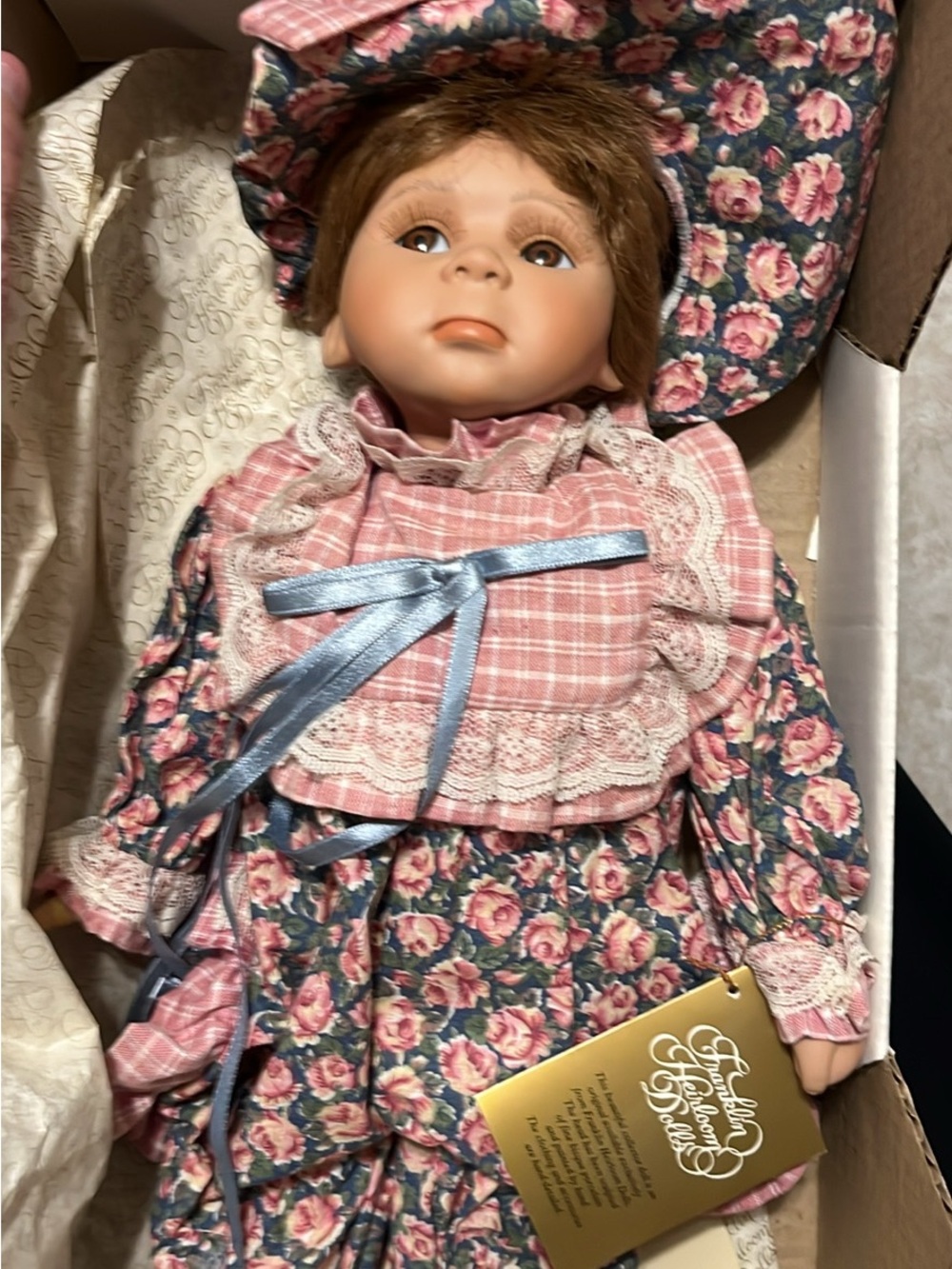 Vintage-Style Porcelain Girl Doll in Pink Plaid & Rose Print Dress